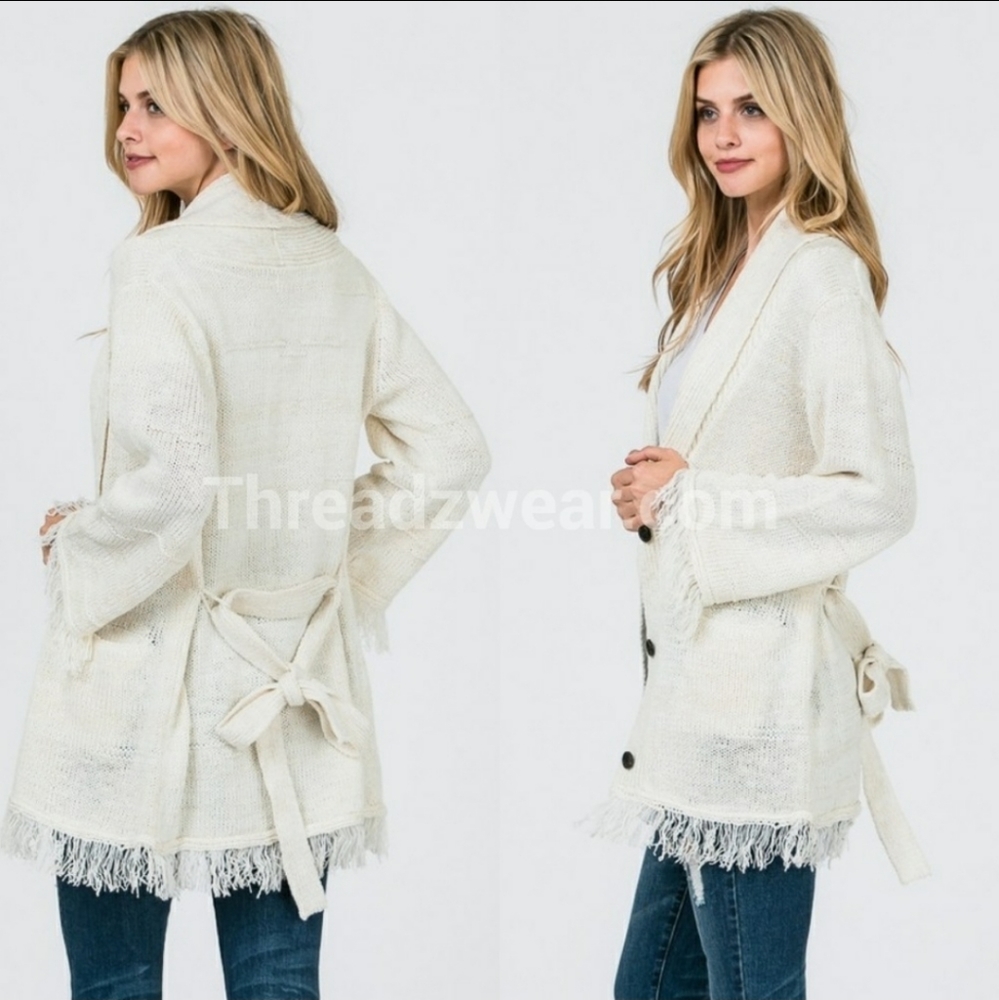 RELISTED  Cream belted fringed button cardigan - Picture 7 of 7